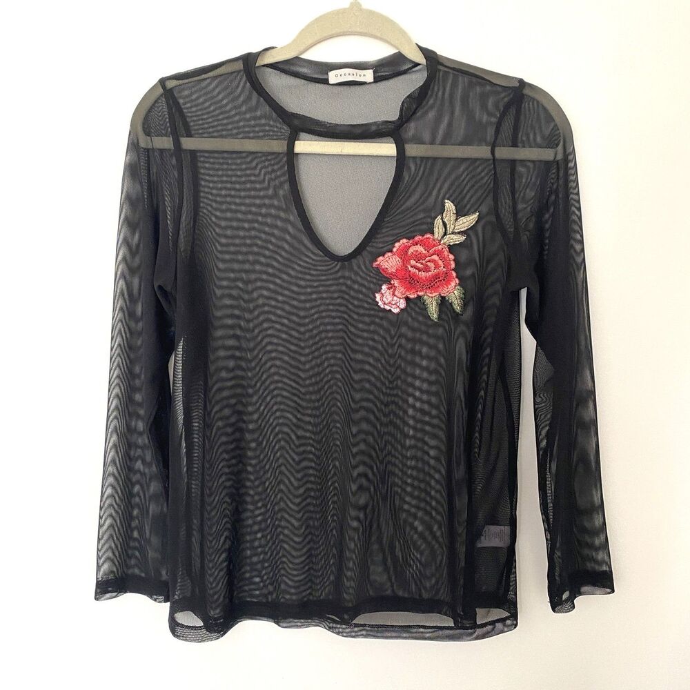 VTG Occasion Sheer Floral Embroidered Choker Neck Long Sleeve Mesh Top Grunge XL